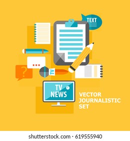 Reporter flat elements set with different correspondent equipment on light orange background vector illustration