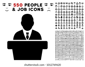 Reporter icon with 550 bonus pitiful and happy user graphic icons. Vector illustration style is flat black iconic symbols.