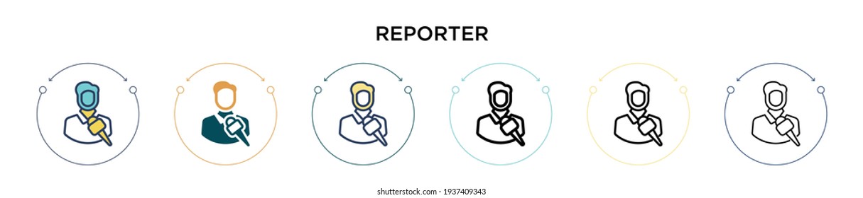 Icono de reportero en estilo relleno, delgado, contorno y trazo. Ilustración vectorial de dos iconos vectoriales de reporteros de color y negro se puede utilizar para móviles, ui, web