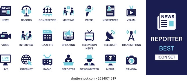 Reporter icon set collection. News, record, conference, press, visual, video, interview, gazette, breaking, telecast and best solid icon set.