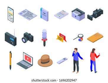Reporter icons set. Isometric set of reporter vector icons for web design isolated on white background