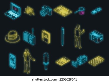 Reporter icons set. Isometric set of reporter vector icons neon color on black