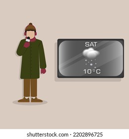 reporter illustration forecasting the weather on television or digital media in winter, flat design vector