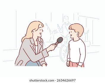 Reporter Interviewing a Young boy. Hand drawn style vector design illustrations.
