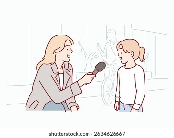 Reporter Interviewing a Young girl. Hand drawn style vector design illustrations.