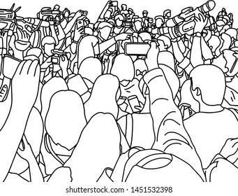 reporter interviw with mobile phone vector illustration sketch doodle hand drawn with black lines isolated on white background