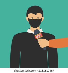 reporter or journalist reports breaking news about war in russia and ukraine. human man with face mask speak on tv live and hold microphone vector. press conference isolated. social media illustration