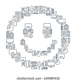 Reporter lined icons collection with journalistic and correspondent elements in smile shape on white background isolated vector illustration