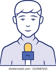 Reporter man blue color icon. TV presenter, interviewer with microphone. TV host. Journalist taking interview. Newscaster reporting breaking news. Television announcer. Isolated vector illustration