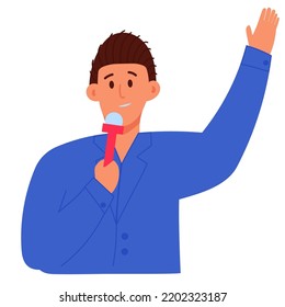 Reporter man with a microphone gives an interview. Broadcast journalist icon isolated on white background. Television and people talking on live broadcast. Character announcer vector illustration