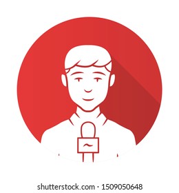Reporter man red flat design long shadow glyph icon. TV presenter, interviewer with microphone. TV host. Journalist taking interview. Newscaster reporting breaking news. Vector silhouette illustration
