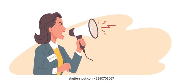 Reporter with megaphone. Woman shouting in megaphone. Journalist. Propaganda. Television host. Mass media. news. Confident speaker. Flat graphic vector illustrations isolated on white background