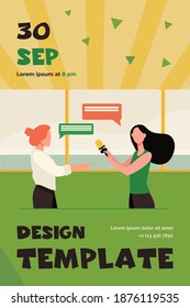 Reporter with microphone interviewing woman. Journalist, presenter, speaker flat vector illustration. Broadcasting, communication, tv concept for banner, website design or landing web page