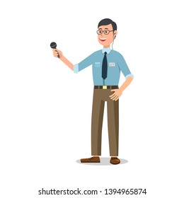 Reporter with Microphone. Man in Shirt and Tie. Television Studies Report. White Background. Television and Technology. Direct Reporting. Television Industry. Microphone in Hand. Vector Illustration.