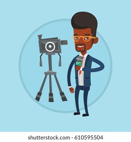 Reportero con micrófono de pie sobre un fondo con cámara. Reportero de televisión presentando la noticia. Transmisión de televisión con reportero. Ilustración de diseño plana vectorial en el círculo aislado en el fondo.