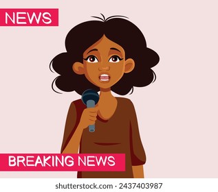 
Reporter on the Field in Breaking News Program Vector Cartoon. Journalist covering important events being on air in crucial moments 
