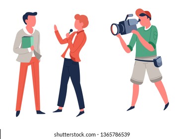 Reporter and operator interview television program or news filming vector TV host and cameraman questioning man with folder woman journalist and passerby video recording show online broadcasting.