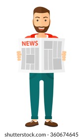 Reporter reading newspaper.