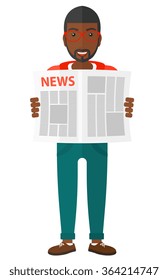 Reporter reading newspaper.
