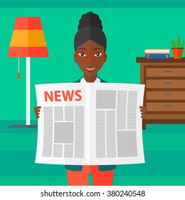 Reporter reading newspaper.