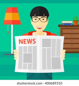 Reporter reading newspaper.