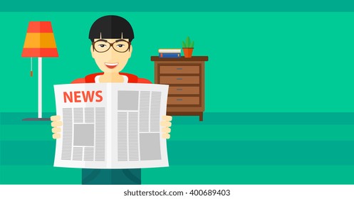 Reporter reading newspaper.