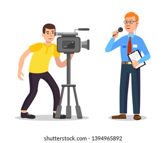 Reporter Speak into Microphone. Videographer with Camera. Video Filming on Street. White Background. Man Make Video and Reporter with Notepad. Microphone in Hand. Watch Camcorder. Vector Illustration.