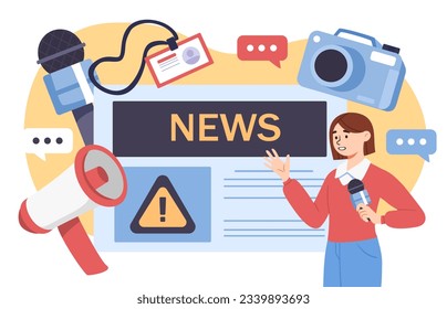 Reporter speak in microphone concept. Mass media and news. Woman with mic at background of newspaper. Knowledge and information. Journalist with equipment. Cartoon flat vector illustration