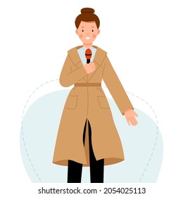 The reporter tells the news into the microphone. Scene with a journalist woman. Girl in a beige raincoat. Vector flat illustration.