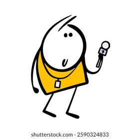 Reporter from a TV channel or Internet portal holds a microphone and interviews a popular person. Vector illustration of current information and latest news. Isolated funny character on white backgrou