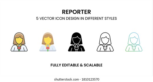 Reporter vector icon in colored outline, flat, glyph, line and gradient