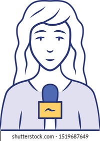 Reporter Woman Blue Color Icon. TV Presenter, Interviewer With Microphone. TV Hostess. Female Journalist Taking Interview. Newswoman Reporting Breaking News. Isolated Vector Illustration