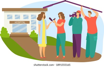 Reporter woman character news channel interview doctor opening hospital building flat vector illustration, isolated on white. Concept newsman team together conversation, modern modern clinic.