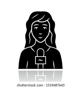 Reporter woman drop shadow black glyph icon. TV presenter, interviewer with microphone. TV hostess. Female journalist taking interview. Newswoman reporting breaking news. Isolated vector illustration