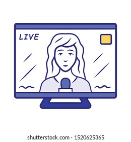 Reporter woman on TV blue color icon. Female journalist reporting breaking news live. Newscast. Newswoman on TV screen. Isolated vector illustration