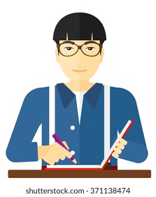 Reporter with writing-pad.