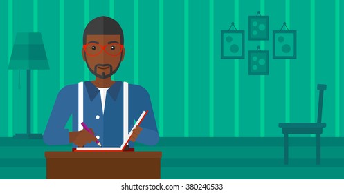 Reporter with writing-pad.