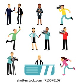 Reporters and cameramen shooting and interviewing people creating tv broadcast, journalists at work set vector Illustrations