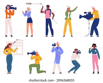 Reporters, journalists, professional photographers and tv broadcast videographers characters. Paparazzi and program news reporters vector illustration set. TV channel workers. Correspondents with mic