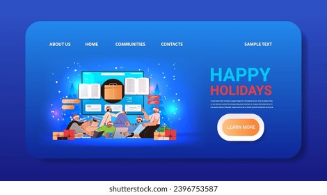 reporters or journalists in santa hats reading news on laptop screen literature review generation news summarization new year holidays celebration