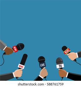 Reporters in live holding microphones illustration on TV & radio. breaking News vector Journalism flat design. Human hands with a modern & clean mic. journalists with many Mike reporting from the area