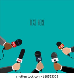 Reporters in live holding microphones illustration on TV & radio. breaking News vector Journalism flat design. Human hands with a modern mic. journalists & many Mike reporting. space & text background