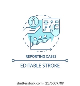 Icono de concepto turquesa de casos de reportes. Presentación de datos. Ilustración de la delgada idea abstracta de monitorización de enfermedades. Dibujo de contorno aislado. Trazo editable. Fuentes Arial, Myriad Pro-Bold utilizadas