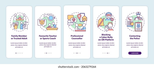 Reporting cyberbullying onboarding mobile app page screen with concepts. Family member, teacher walkthrough 5 steps graphic instructions. UI, UX, GUI vector template with linear color illustrations