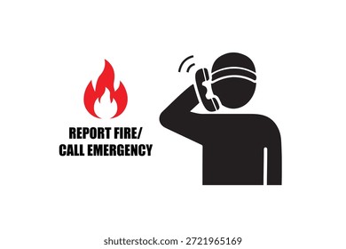 Melden eines Brandnotfalls durch Hilferufe, symbolisiert durch eine Person am Telefon mit einem Feuersymbol