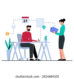 Informando los resultados del trabajo al jefe, actividades en la oficina entre el jefe y los empleados. Ilustración de vector de concepto