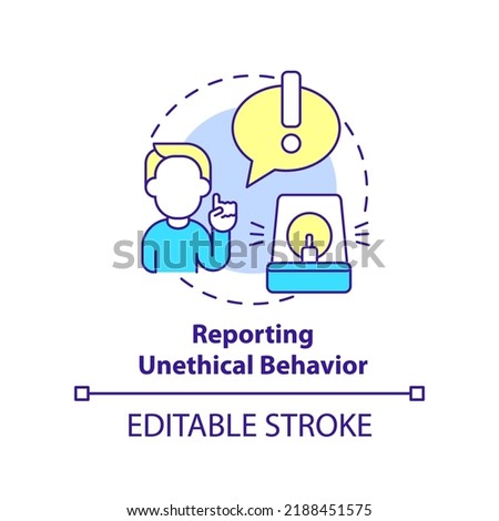 Reporting unethical behavior concept icon. Ethics in customer dealings abstract idea thin line illustration. Violations. Isolated outline drawing. Editable stroke. Arial, Myriad Pro-Bold fonts used Stockfoto © 