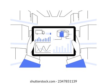 Informes y análisis abstractos de ilustración vectorial de concepto. Gerente de almacén haciendo un informe sobre los bienes de las acciones con tablet app, negocios mayoristas, metáfora abstracta de la industria del comercio exterior.