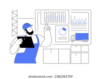 Reports and analytics isolated cartoon vector illustrations. Smart warehouse worker making report using special analytics software on tablet, digital inventory technologies vector cartoon.