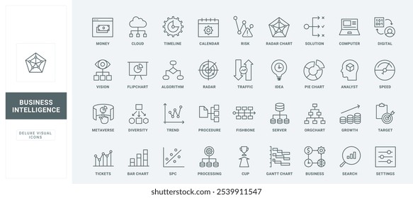 Los informes y gráficos investigan la Ilustración vectorial de símbolos de contorno negro delgado. Análisis de datos de negocio, análisis de tendencias con servicios en la nube e IA, diversidad de opciones e iconos de línea de Configuraciones.